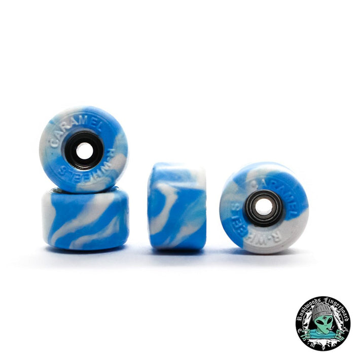 Rushwoods x Caramel skyblue/white swirl fingerboard wheels 8mm - Caramel Fingerboards - Fingerboard store